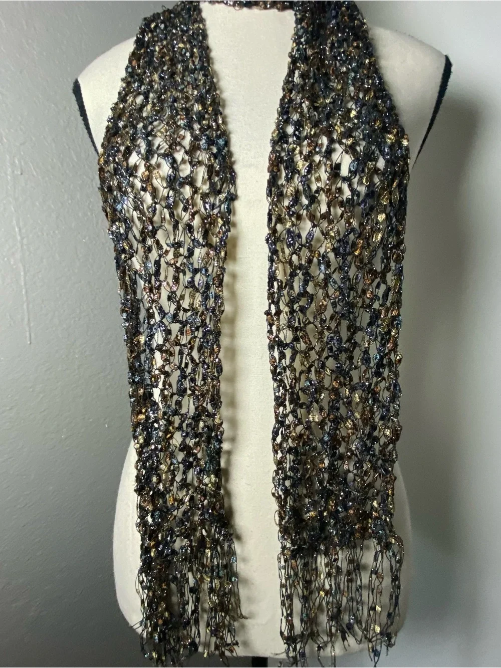 Y2K Blue & Tan Crochet Fringe Scarf